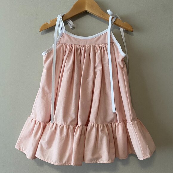 Handmade Children's Pink White 100% Cotton Tie Spaghetti Strap Dress - Picture 1 of 14